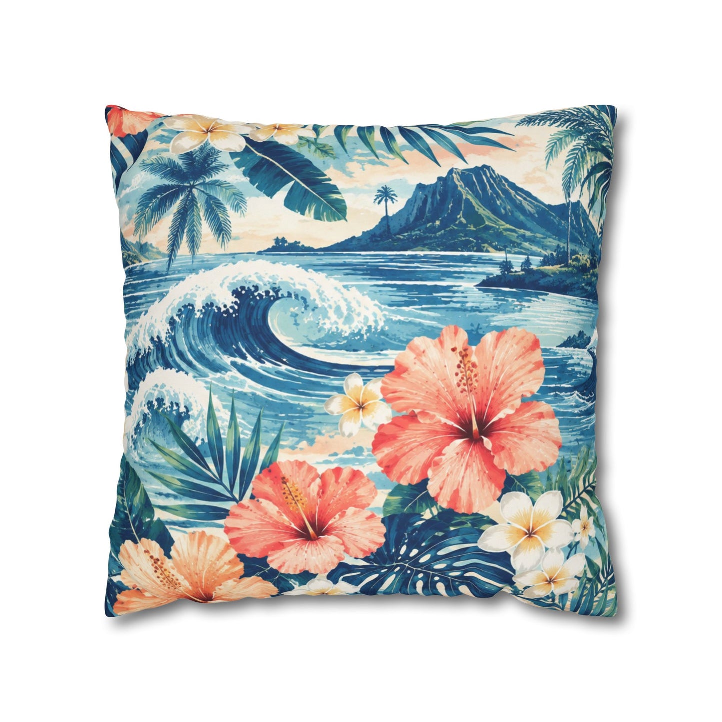 Tropical Hibiscus Wave Square Pillowcase | Hawaiian Floral Beach Print