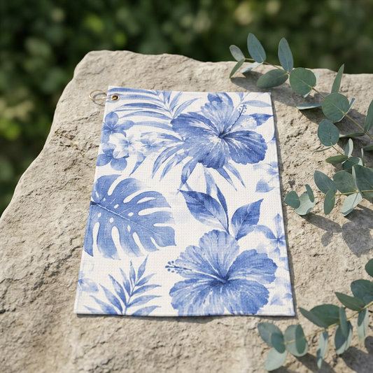 Blue Tropical Hibiscus Golf Towel | Microfiber Golf Towel with Grommet