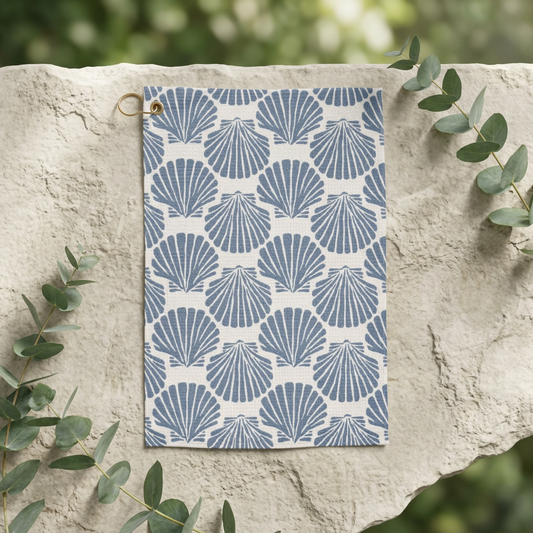 Blue Seashell Pattern Golf Towel | Nautical Club Towel with Grommet Ring