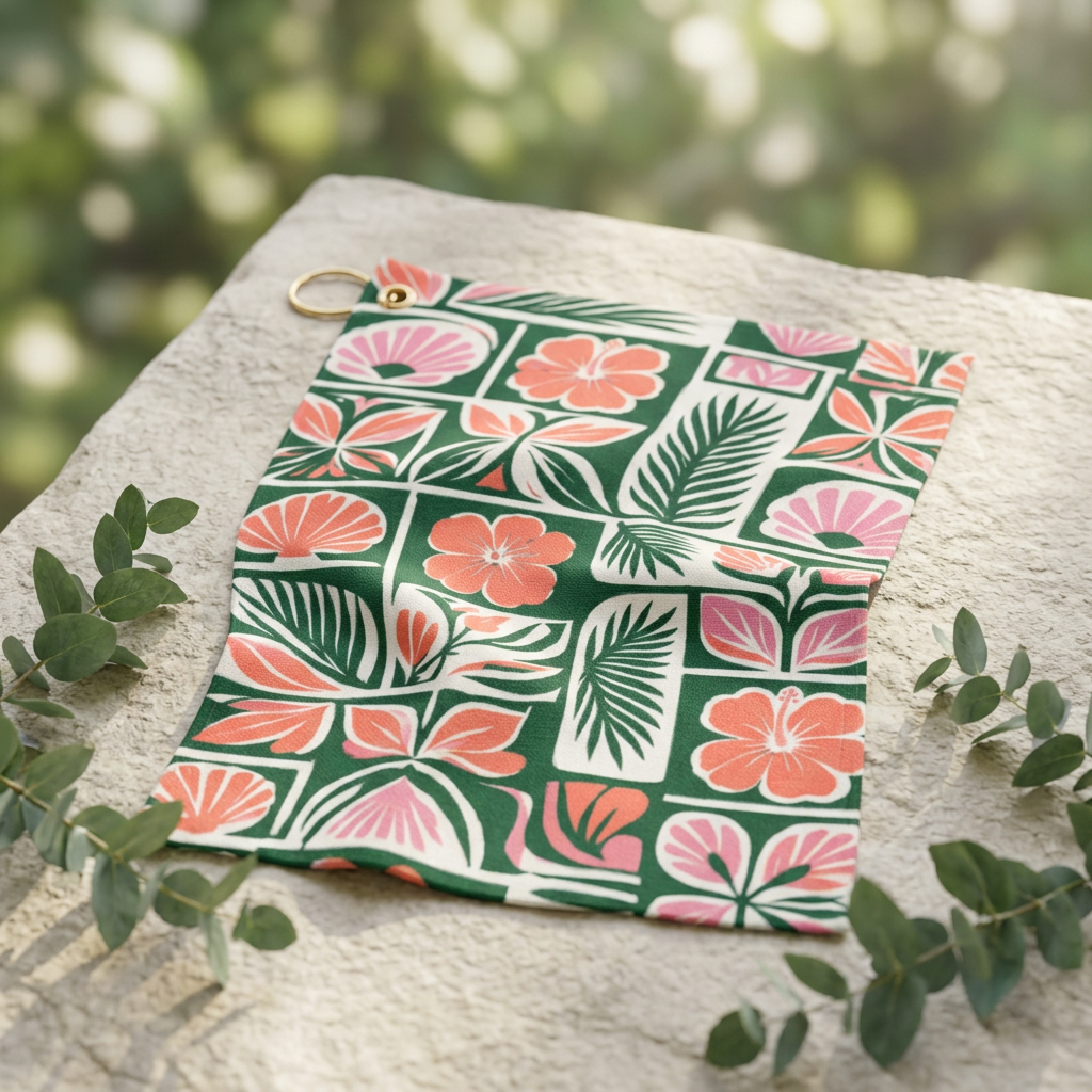 Tropical Tile Floral Golf Towel | Coral Pink Palm Pattern