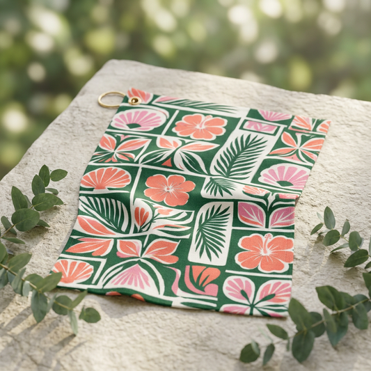 Tropical Tile Floral Golf Towel | Coral Pink Palm Pattern