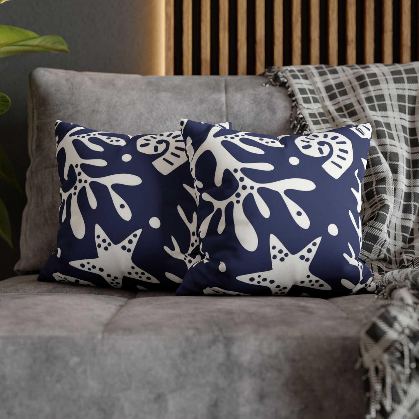 Navy Coastal Coral & Starfish Faux Suede Pillowcase - Square Decorative Throw Pillow Cover