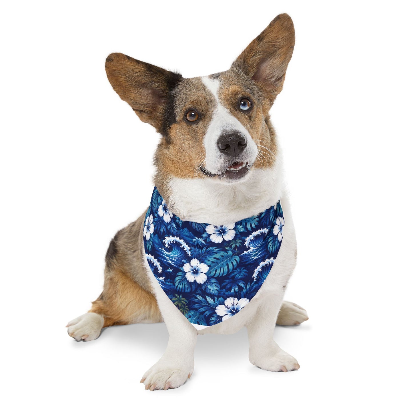 Hawaiian Floral Pet Bandana Collar — Blue Tropical Hibiscus Dog Bandana