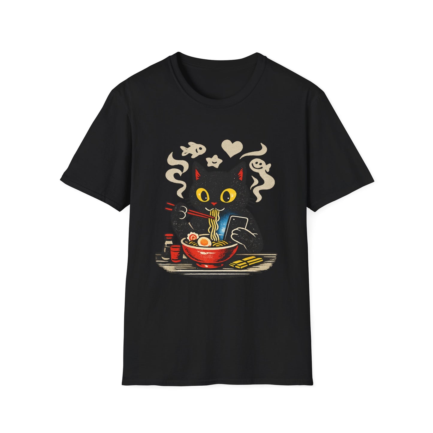 Ramen Cat T-Shirt — Cute Black Cat Eating Noodles Graphic Tee