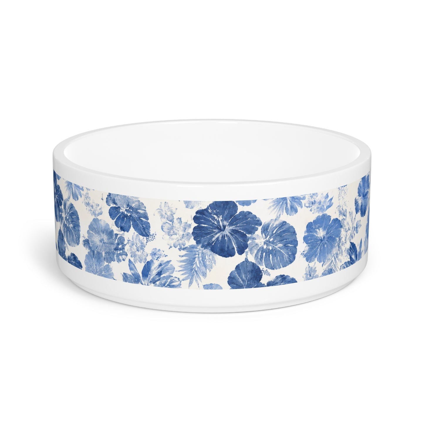 Floral Hibiscus Pet Bowl – Blue Watercolor Dog & Cat Feeding Dish
