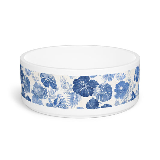 Floral Hibiscus Pet Bowl – Blue Watercolor Dog & Cat Feeding Dish