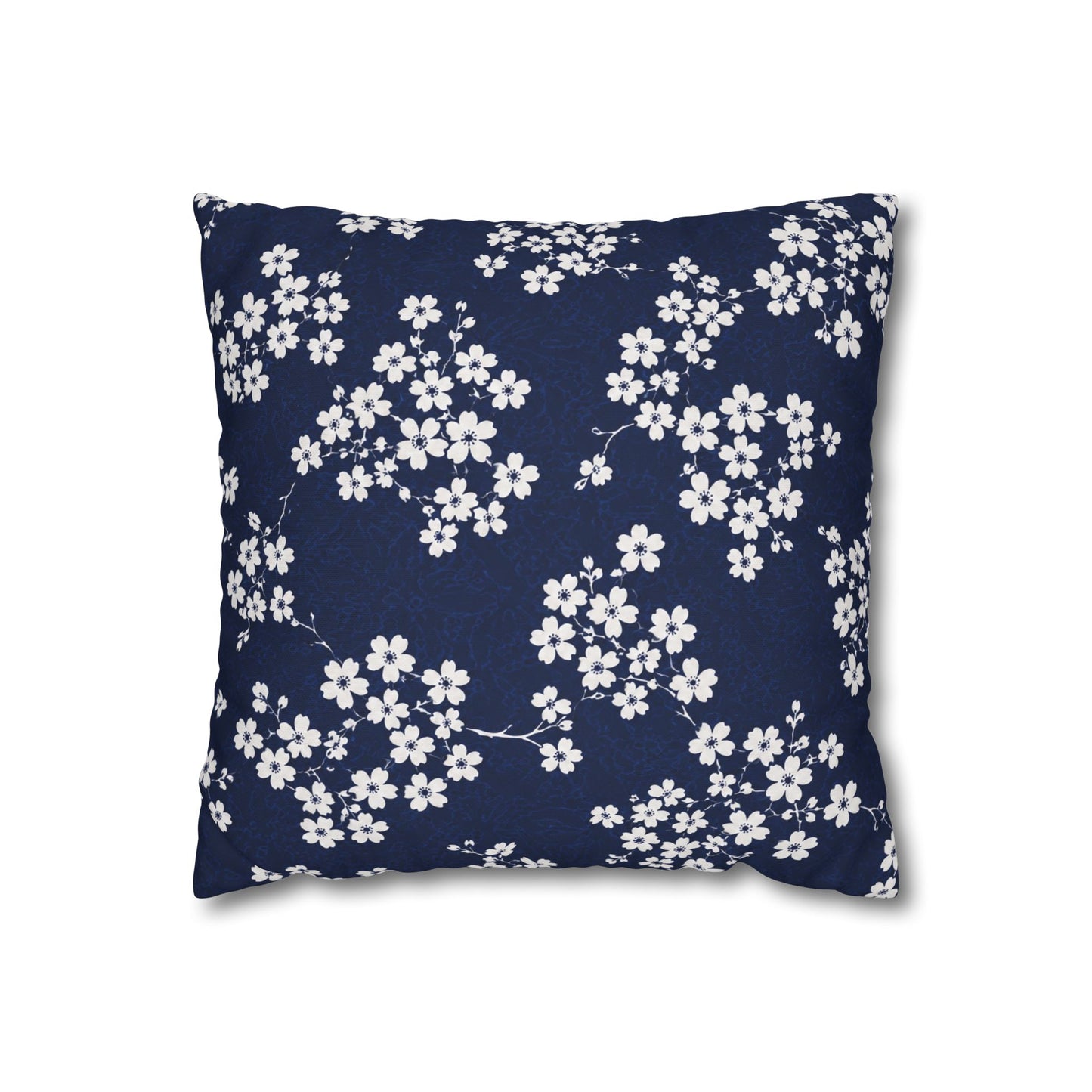 Navy Cherry Blossom Square Pillowcase — Floral Decorative Throw Pillow Cover