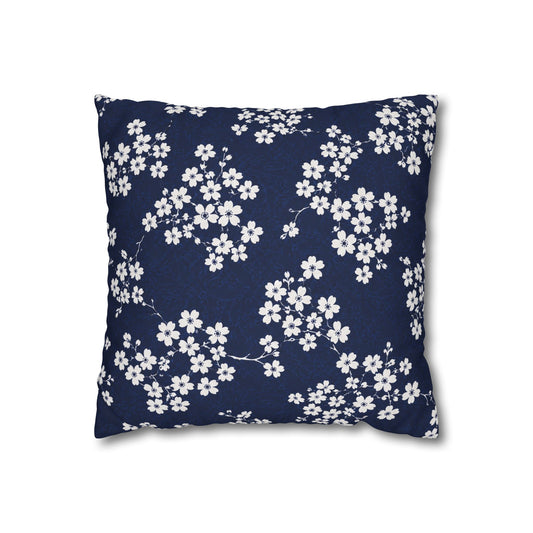 Navy Cherry Blossom Square Pillowcase — Floral Decorative Throw Pillow Cover