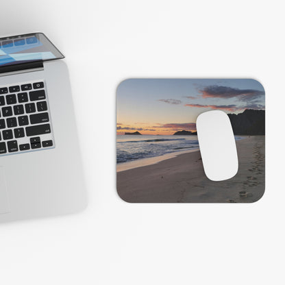 Sunset Beach Scene Mouse Pad | Coastal Waves, Sandy Footprints