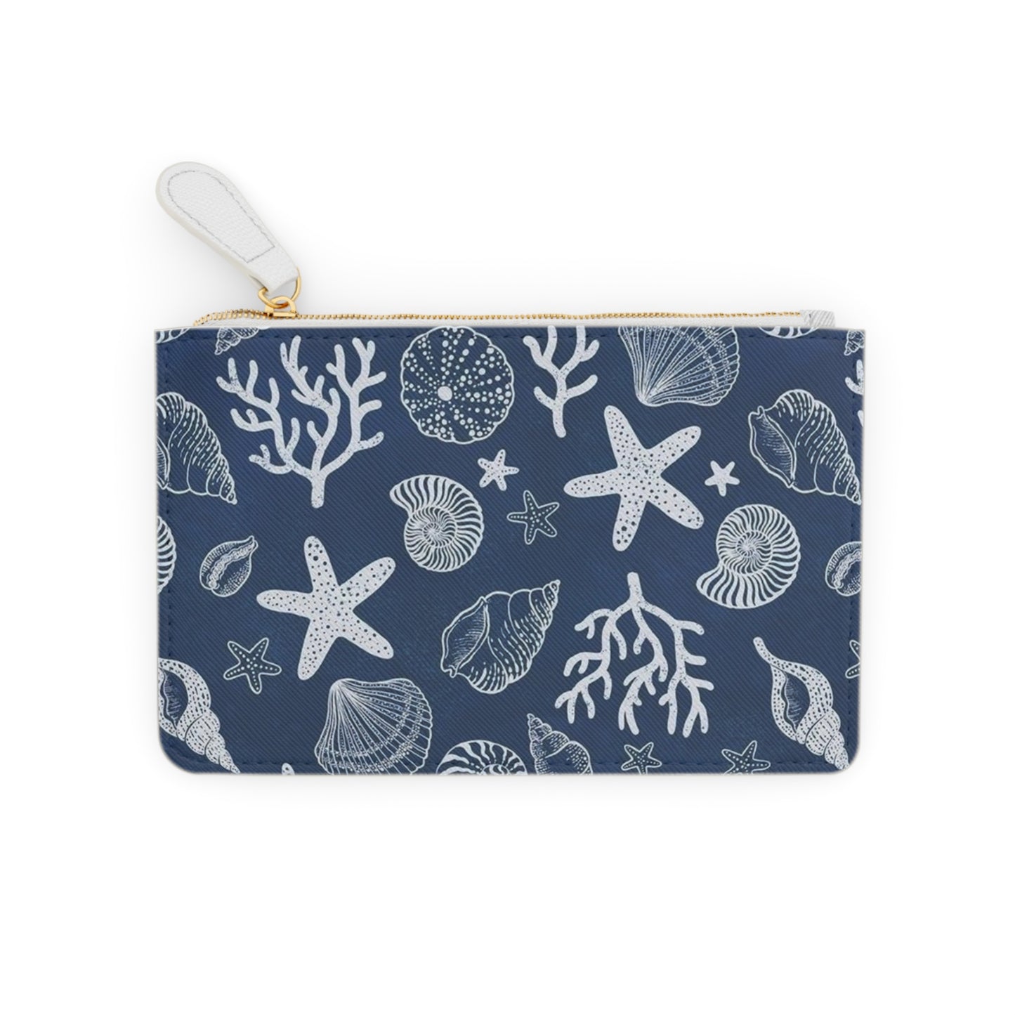 Navy Seashell Pattern Mini Clutch Bag | Coastal Beach Shells, Starfish, Coral