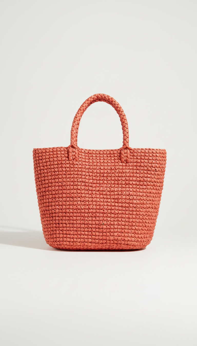 Woven beach tote in coral red