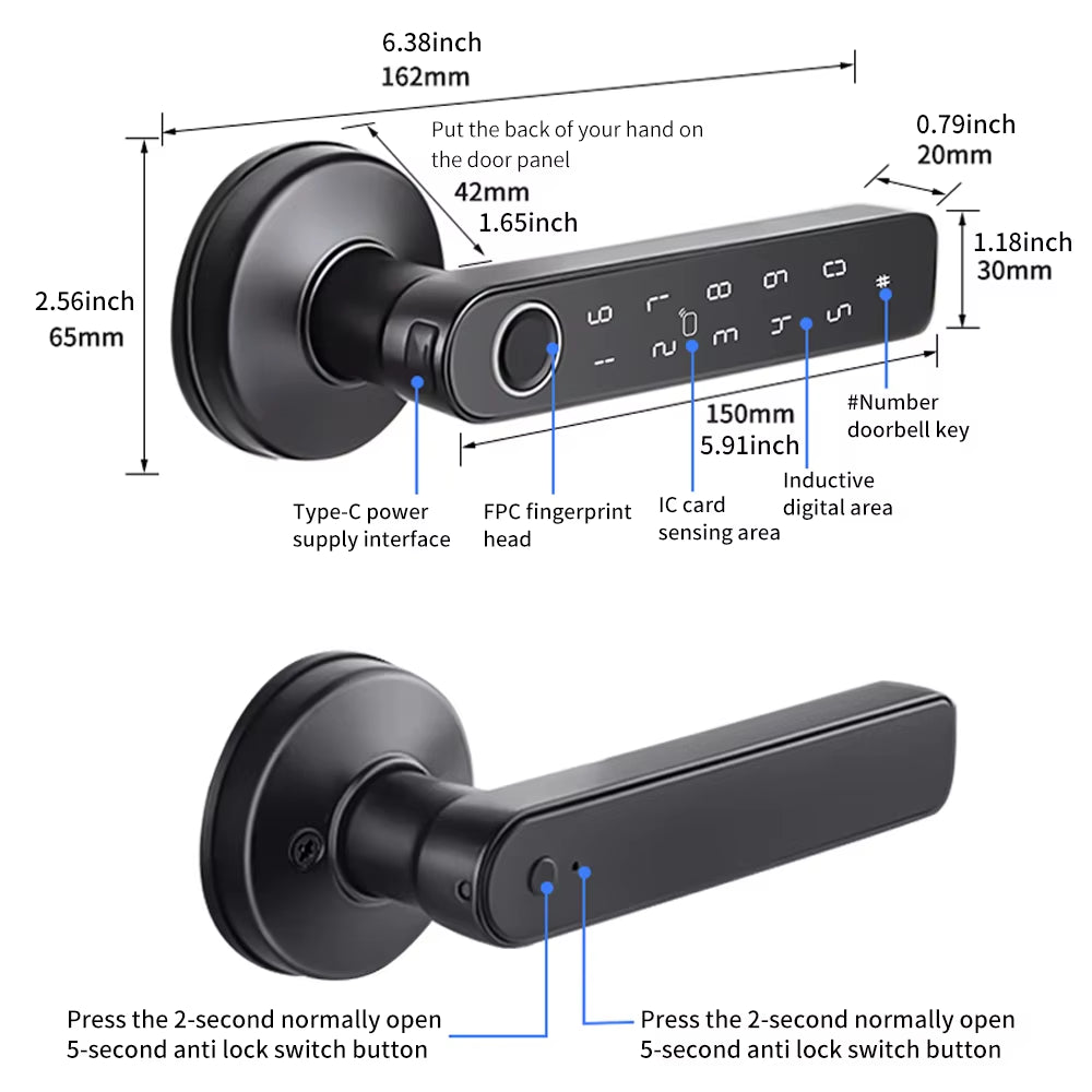 Q50 Tuya Bluetooth Smart Fingerprint Door Handle Lock Electronic Password/Rfid Card/Keys/App Remote Unlock Hotel Lock Rainproof