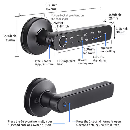 Q50 Tuya Bluetooth Smart Fingerprint Door Handle Lock Electronic Password/Rfid Card/Keys/App Remote Unlock Hotel Lock Rainproof
