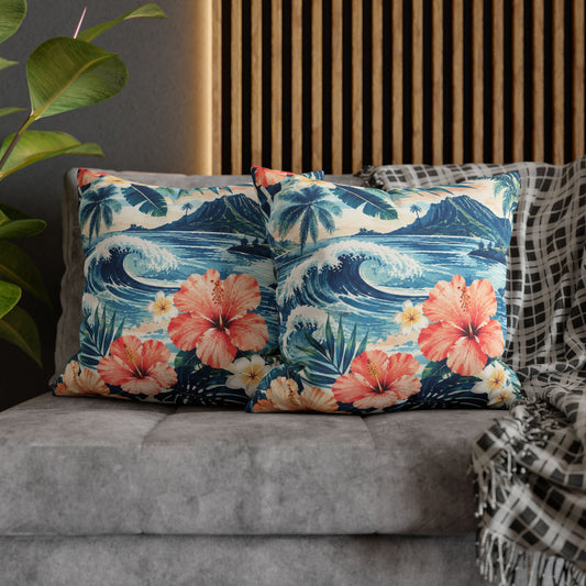 Tropical Hibiscus Wave Square Pillowcase | Hawaiian Floral Beach Print