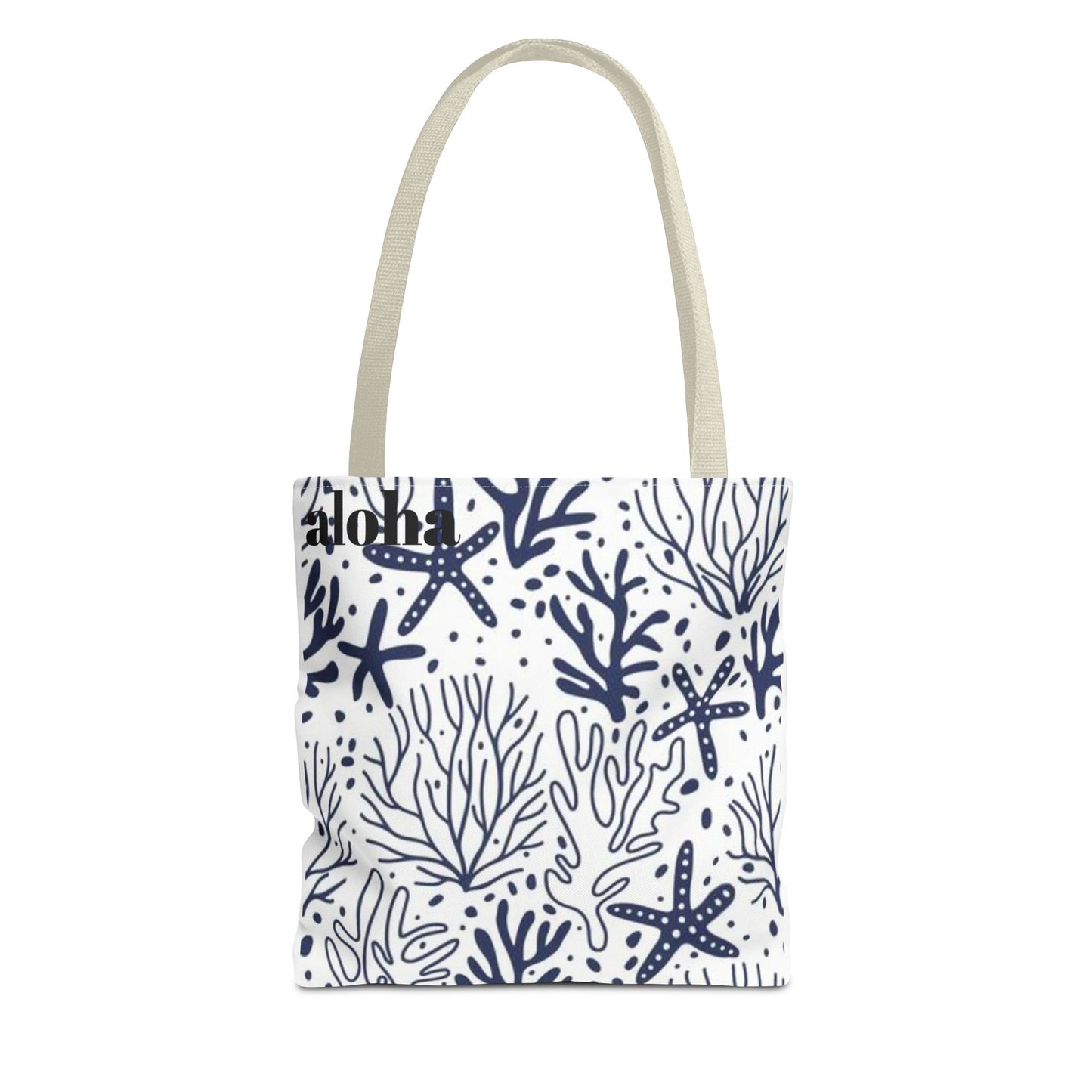 Navy Seashell & Starfish Tote Bag — Nautical Beach Pattern AOP Tote