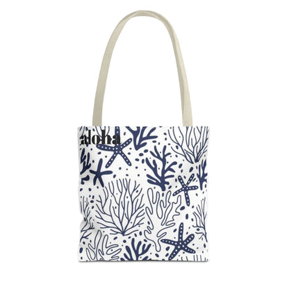 Navy Seashell & Starfish Tote Bag — Nautical Beach Pattern AOP Tote