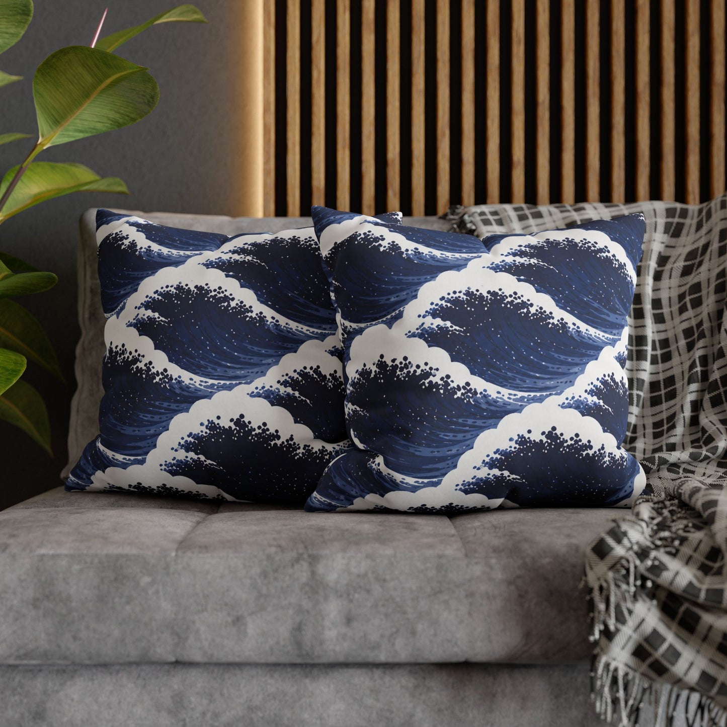 Navy Wave Pattern Square Pillowcase | Ocean Waves Throw Pillow Cover