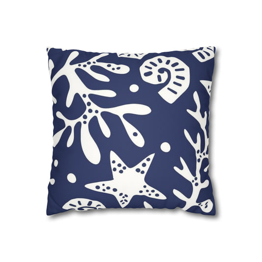 Navy Coastal Coral & Starfish Faux Suede Pillowcase - Square Decorative Throw Pillow Cover