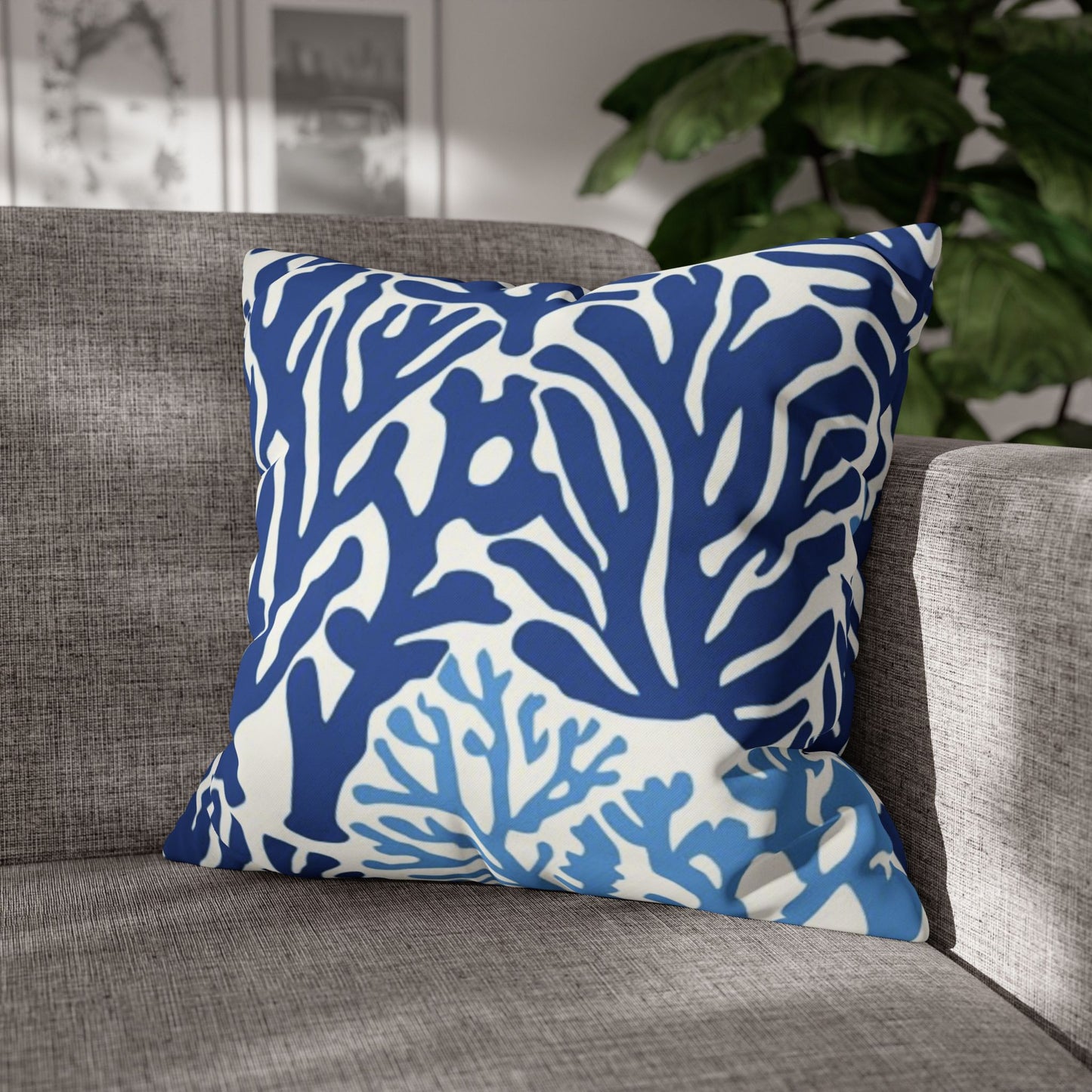 Blue Coral Pattern Square Pillowcase | Coastal Nautical Home Decor
