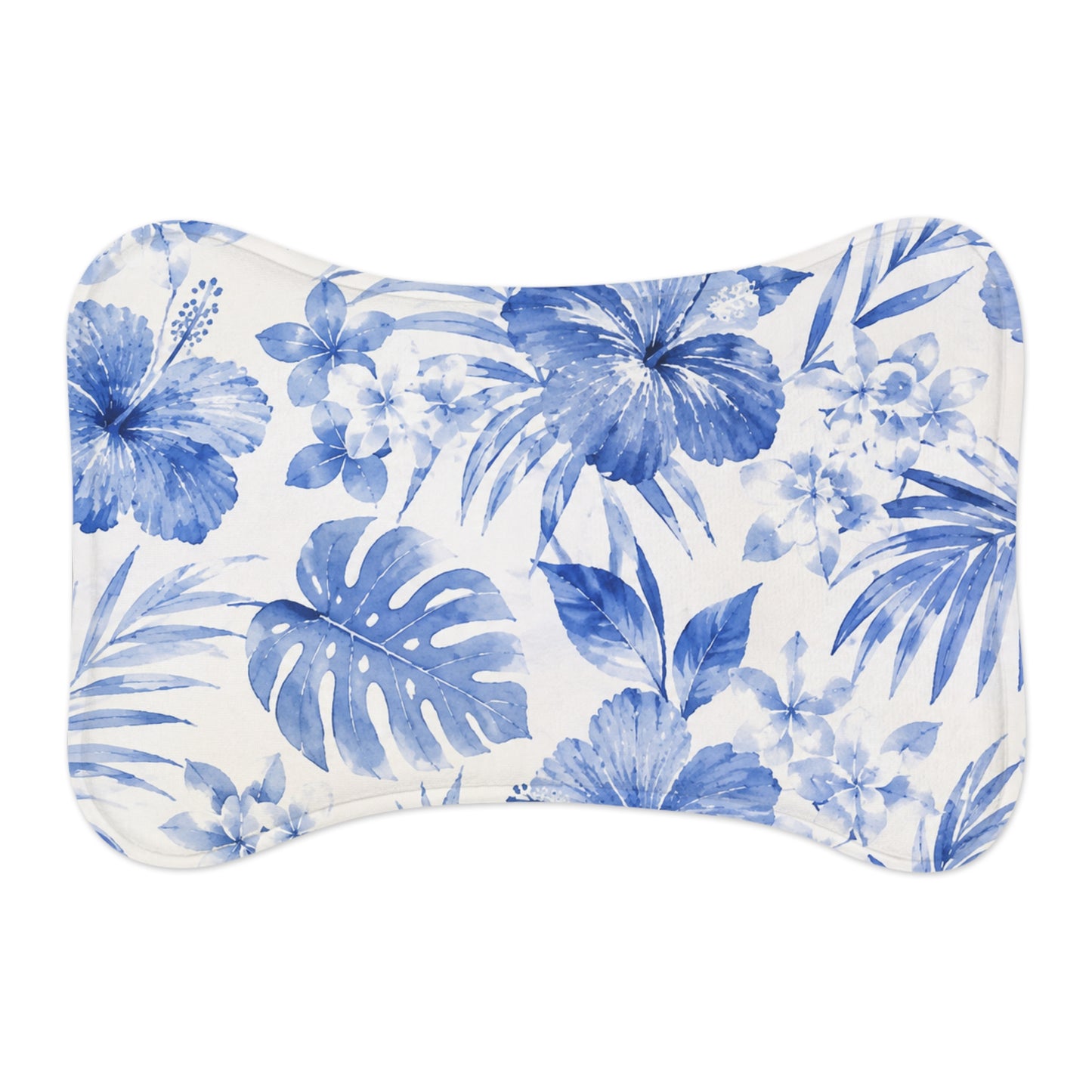 Blue Watercolor Tropical Floral Pet Feeding Mat | Bone-Shaped Placemat