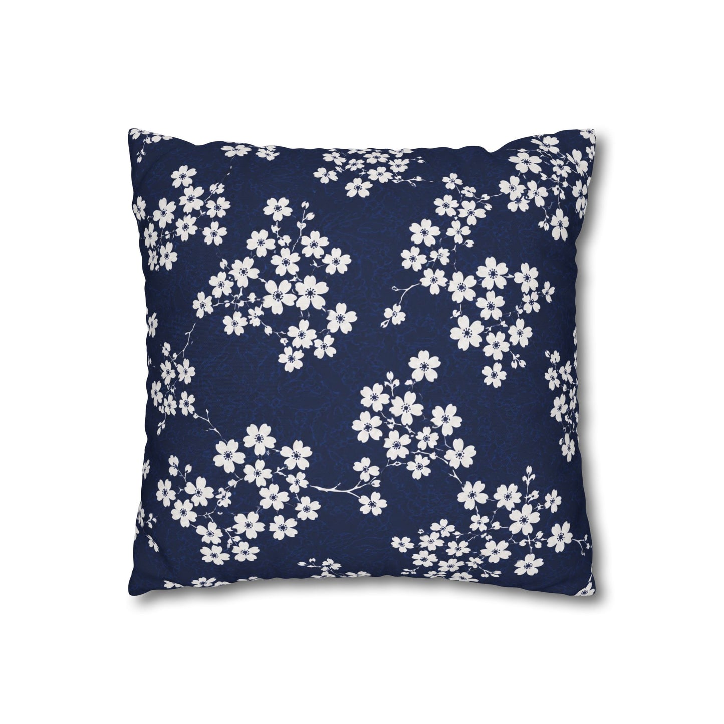 Navy Cherry Blossom Square Pillowcase — Floral Decorative Throw Pillow Cover