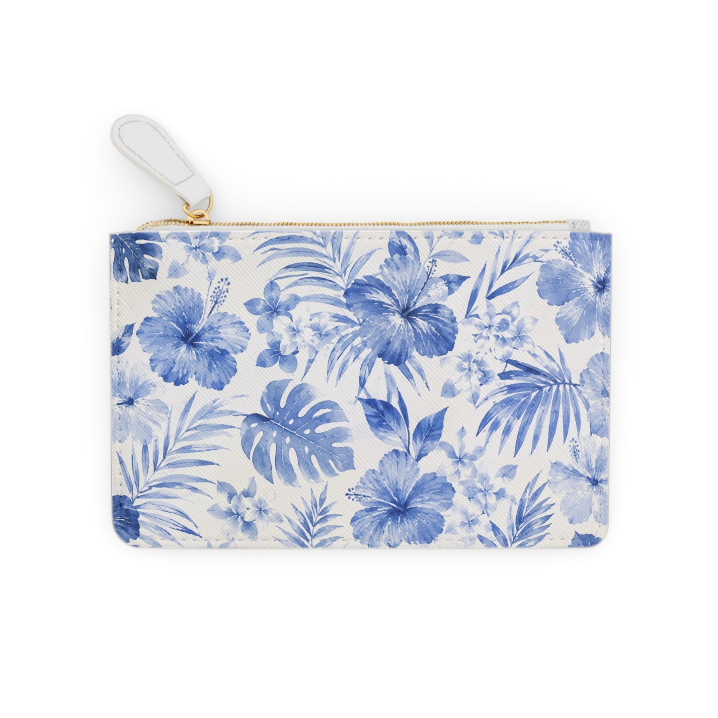 Blue Watercolor Hibiscus Mini Clutch Bag | Tropical Floral Zipper Pouch