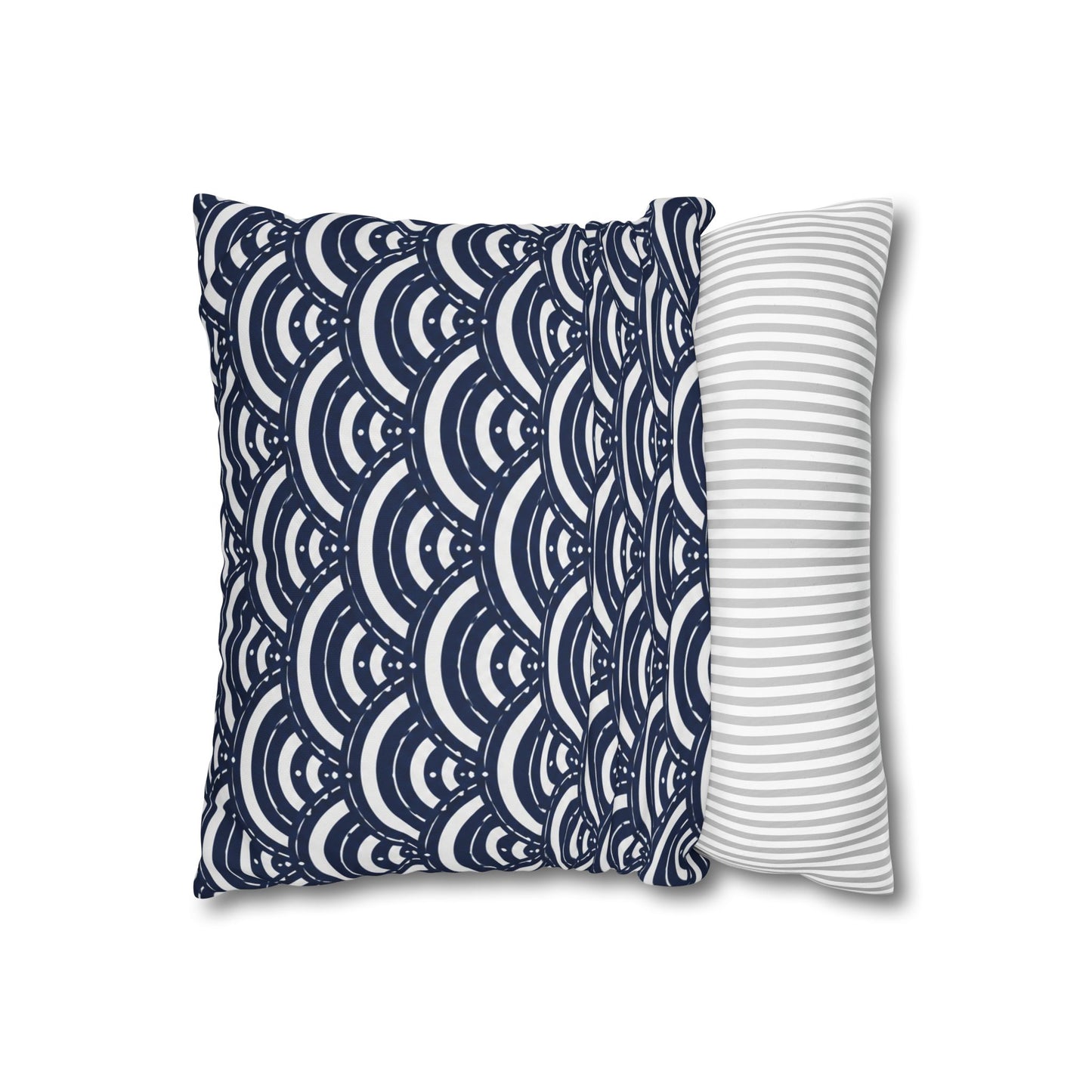 Navy Scallop Pattern Square Pillowcase – Coastal Geometric Throw Pillow Cover