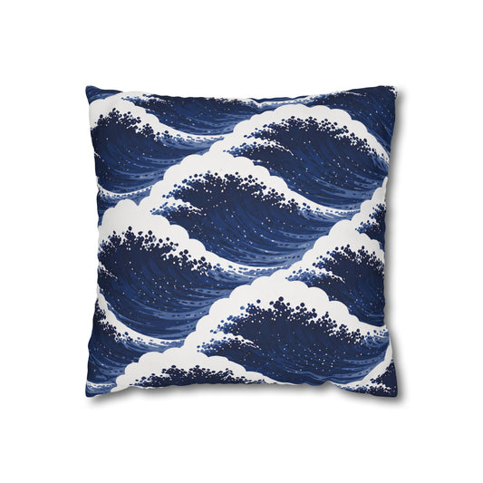 Navy Wave Pattern Square Pillowcase — Coastal Blue Throw Pillow Cover