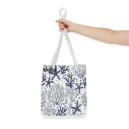 Navy Seashell & Starfish Tote Bag — Nautical Beach Pattern AOP Tote