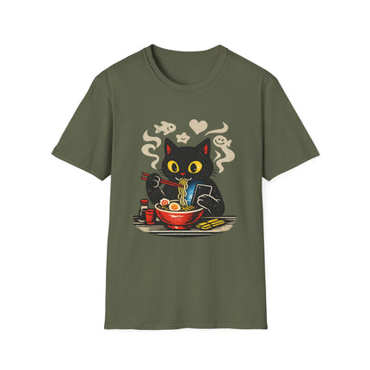 Ramen Cat T-Shirt — Cute Black Cat Eating Noodles Graphic Tee