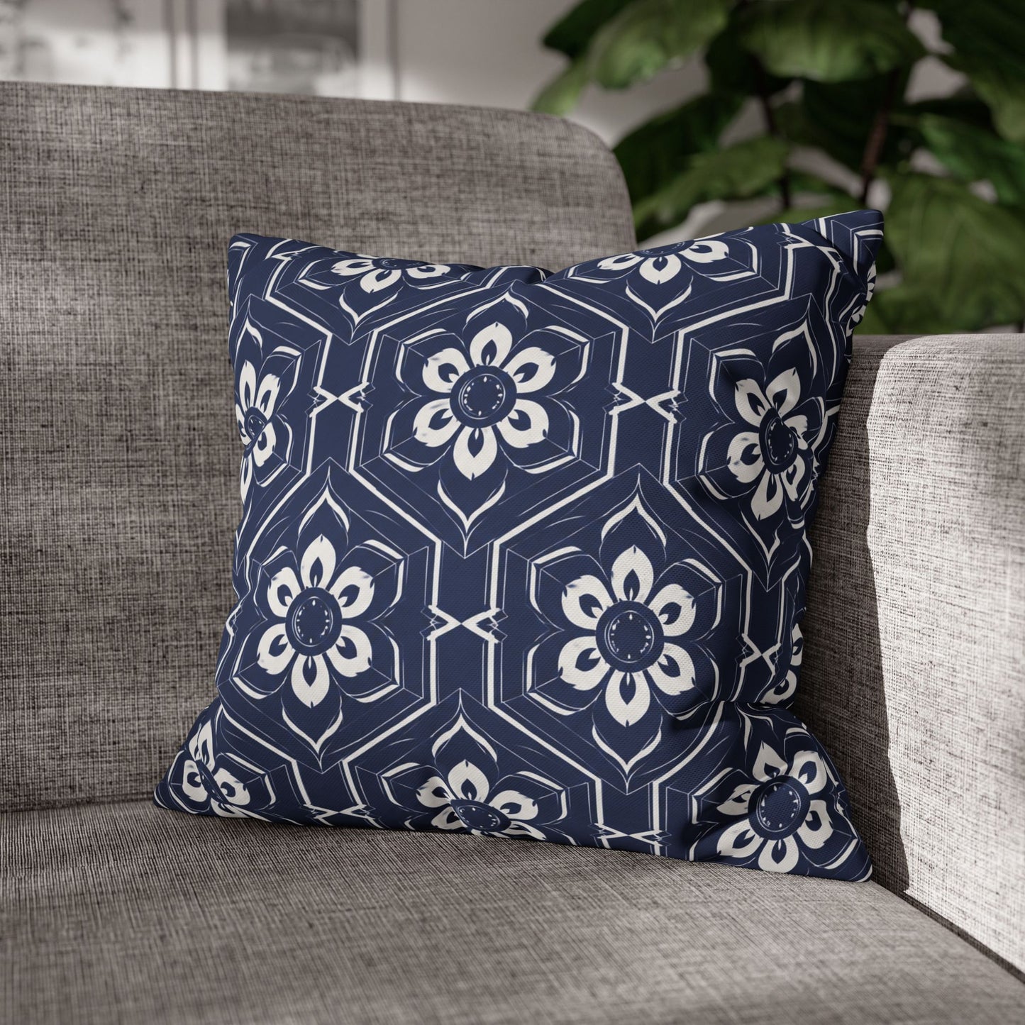 Navy Tile Floral Pillowcase — Square Decorative Throw Pillow Cover