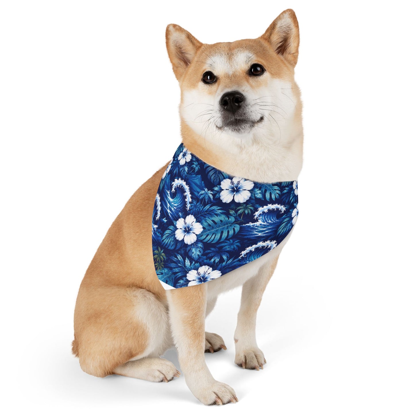 Hawaiian Floral Pet Bandana Collar — Blue Tropical Hibiscus Dog Bandana