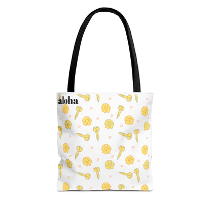 Aloha Floral Tote Bag – Yellow Hibiscus & Ukulele All-Over Print Beach Tote