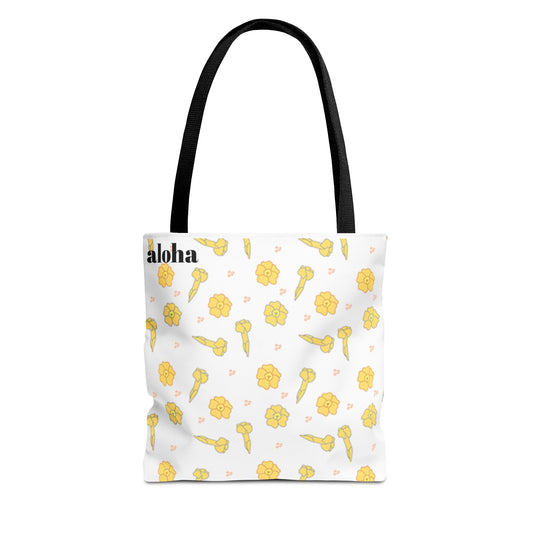 Aloha Floral Tote Bag – Yellow Hibiscus & Ukulele All-Over Print Beach Tote