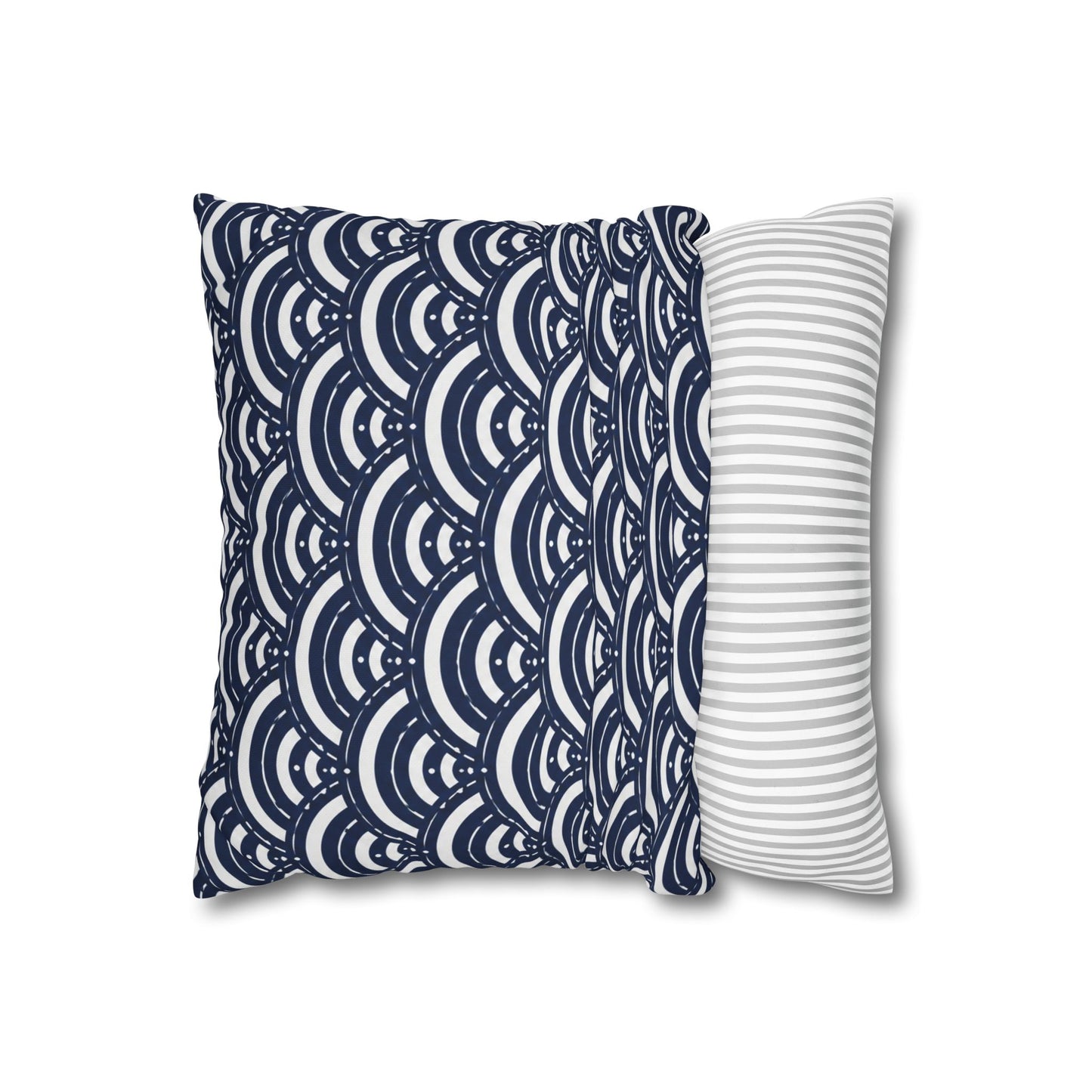 Navy Scallop Pattern Square Pillowcase – Coastal Geometric Throw Pillow Cover