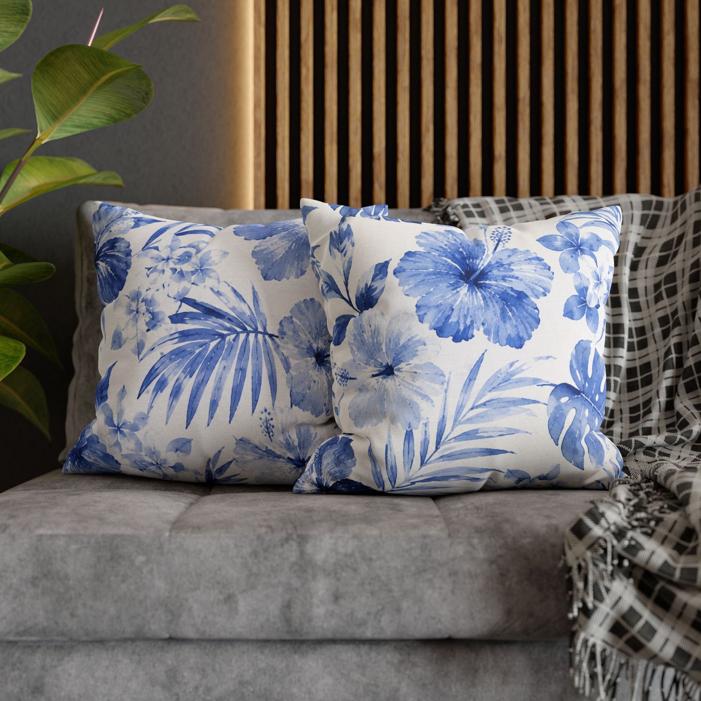 Blue Watercolor Hibiscus Pillowcase | Square Throw Pillow Cover
