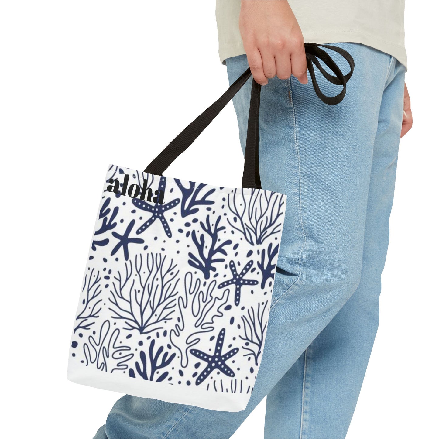 Navy Seashell & Starfish Tote Bag — Nautical Beach Pattern AOP Tote