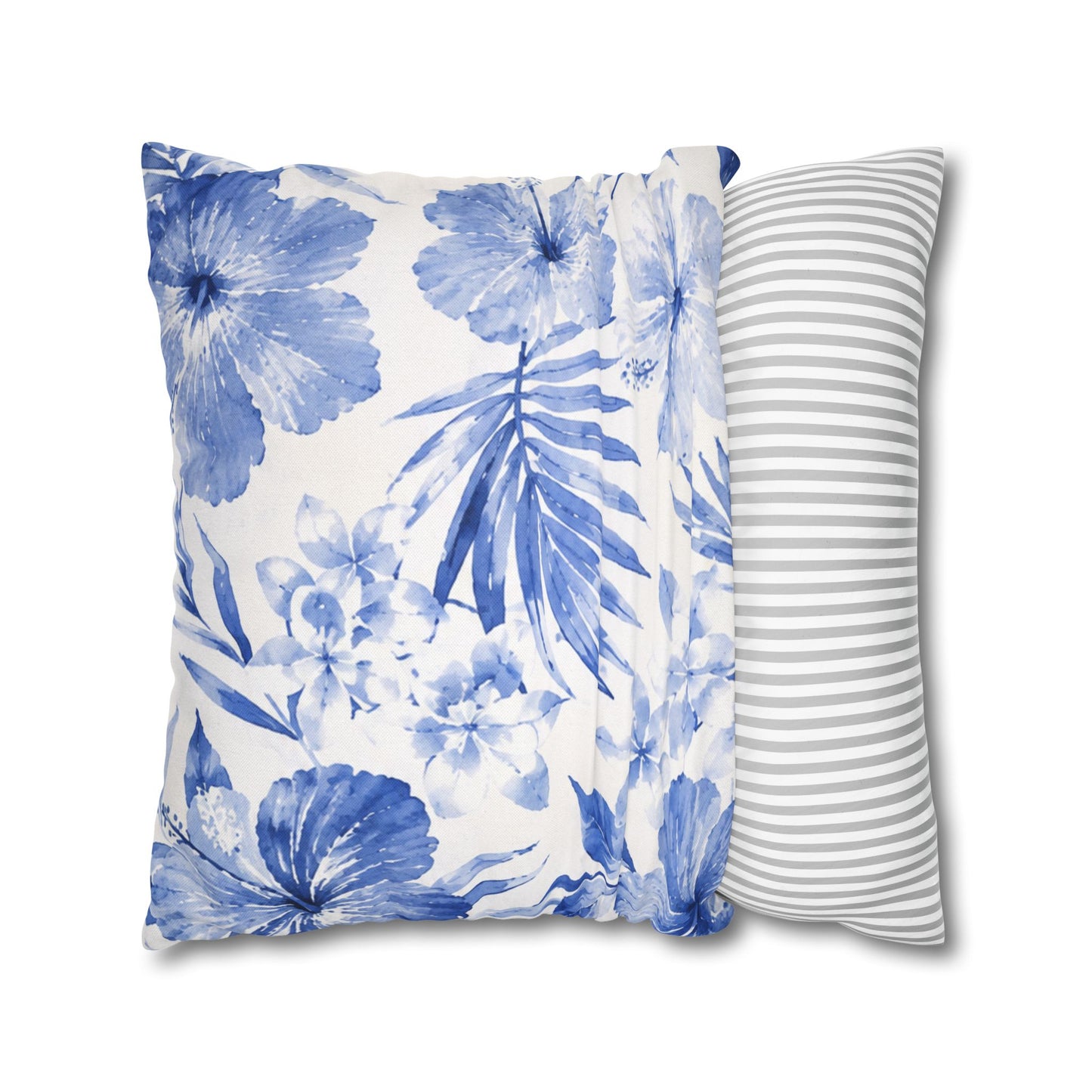 Blue Watercolor Hibiscus Pillowcase | Square Throw Pillow Cover