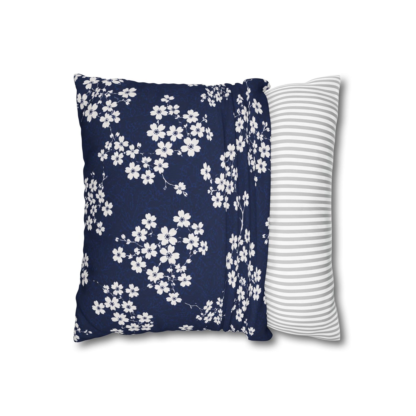 Navy Cherry Blossom Square Pillowcase — Floral Decorative Throw Pillow Cover