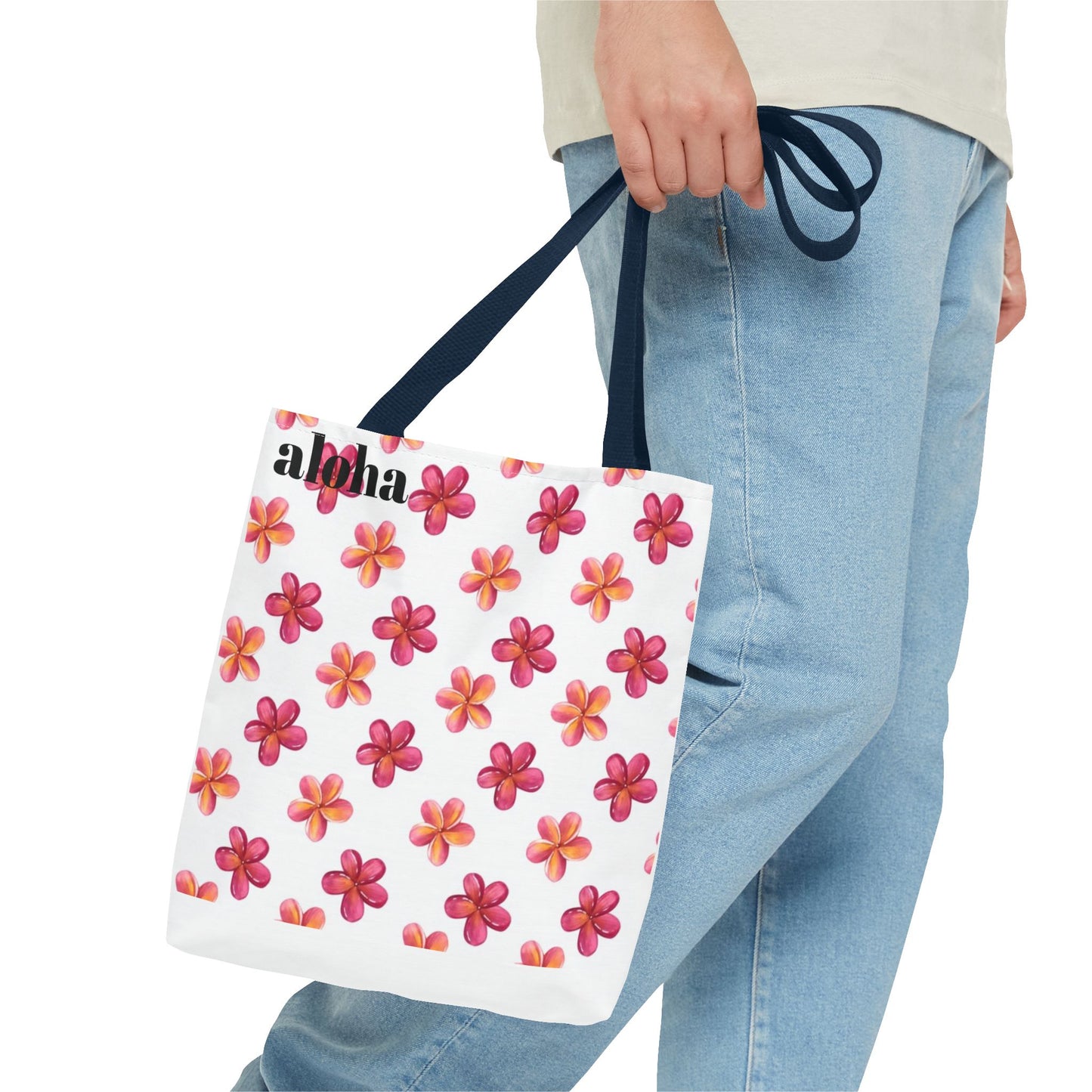 Aloha Floral Tote Bag — Pink Plumeria Pattern Canvas Tote