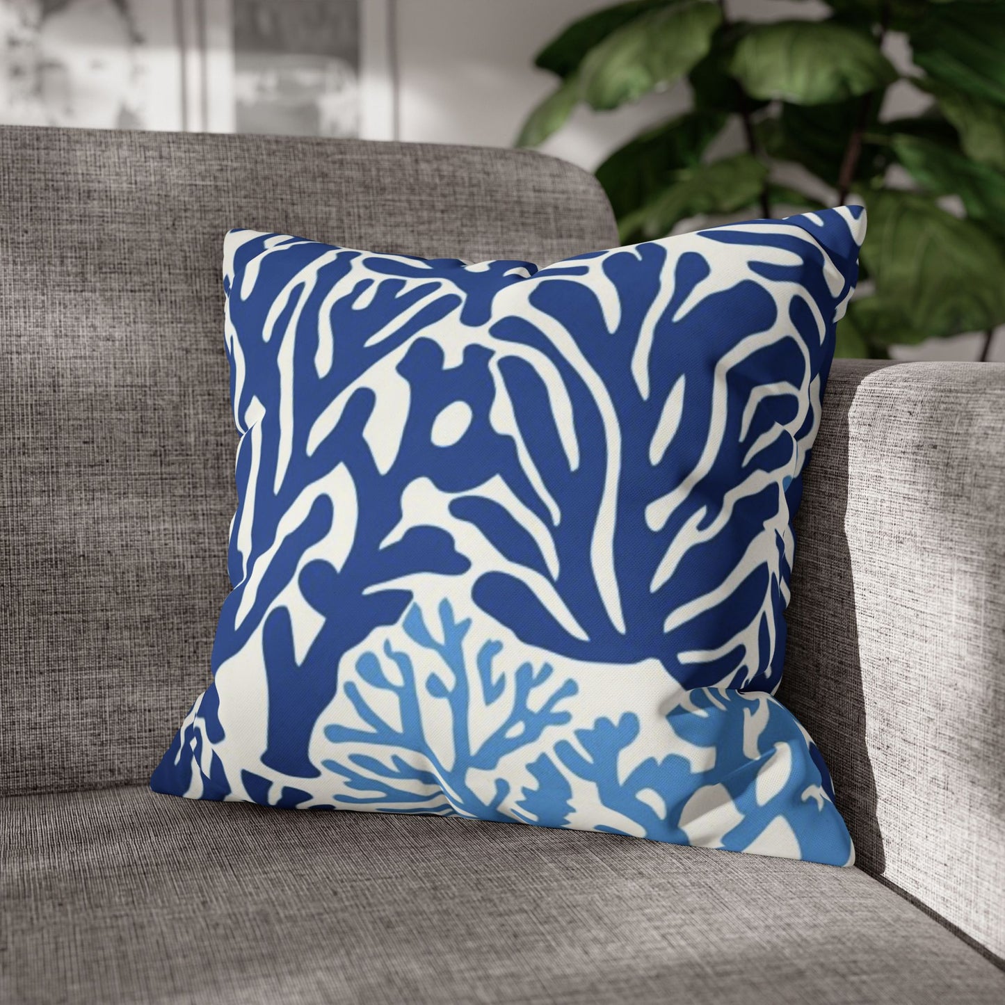 Blue Coral Pattern Square Pillowcase | Coastal Nautical Home Decor