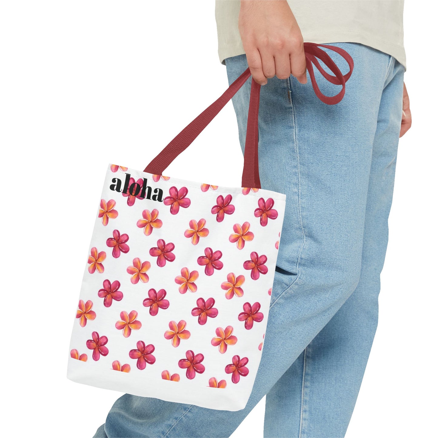 Aloha Floral Tote Bag — Pink Plumeria Pattern Canvas Tote