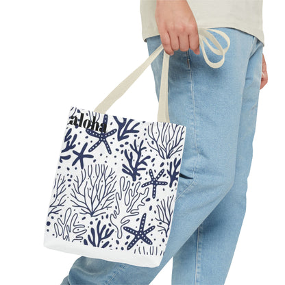 Navy Seashell & Starfish Tote Bag — Nautical Beach Pattern AOP Tote