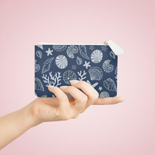 Navy Seashell Pattern Mini Clutch Bag | Coastal Beach Shells, Starfish, Coral