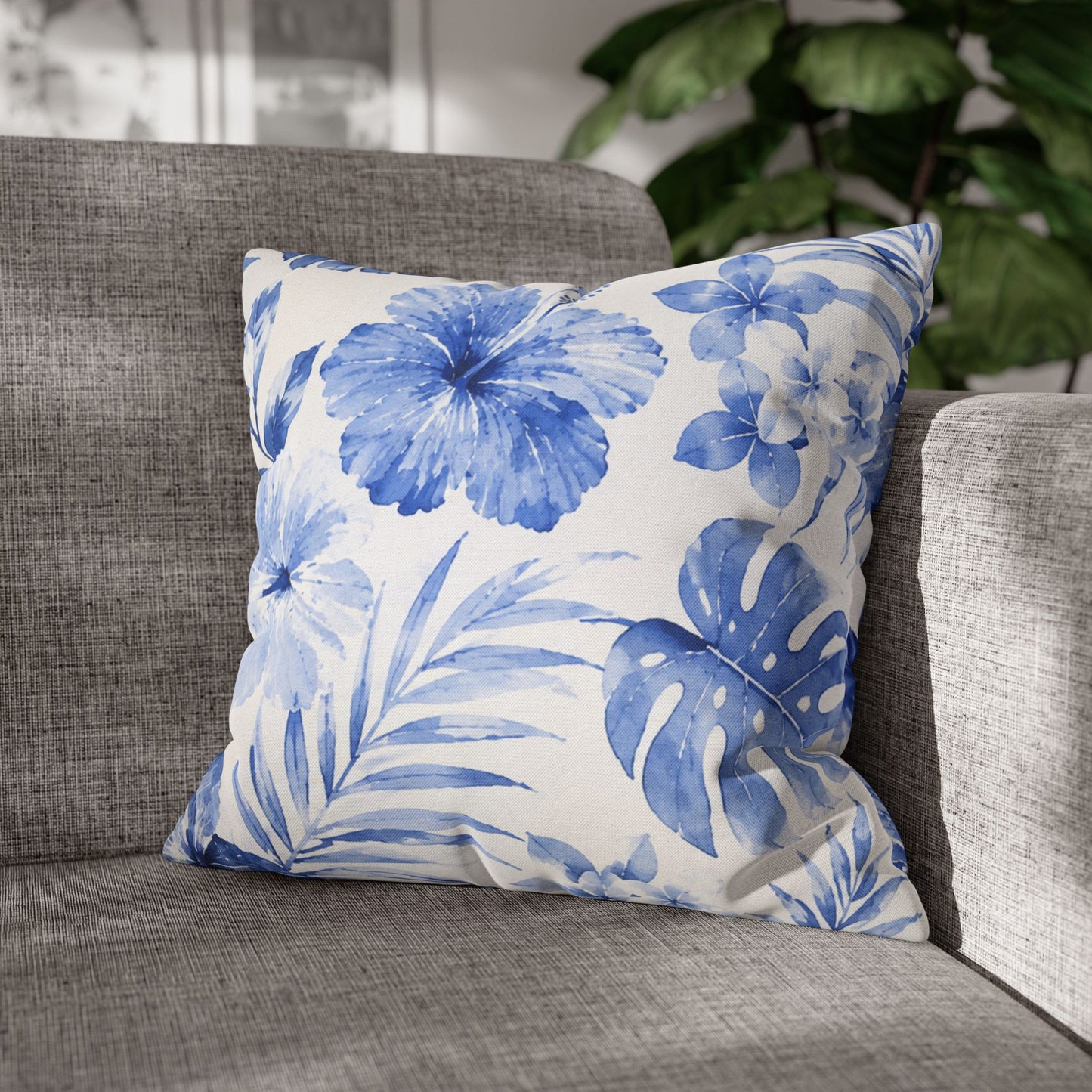 Blue Watercolor Hibiscus Pillowcase | Square Throw Pillow Cover