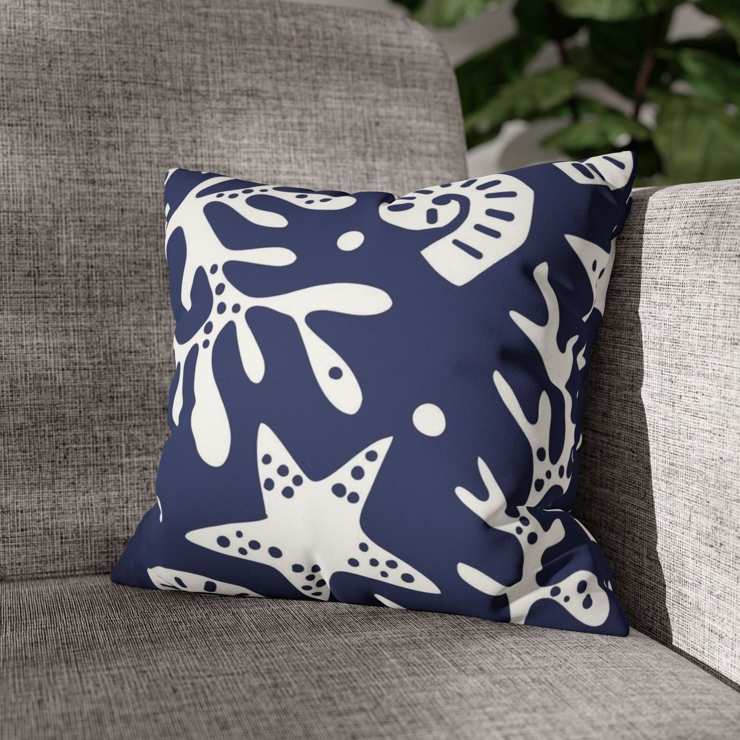 Navy Coastal Coral & Starfish Faux Suede Pillowcase - Square Decorative Throw Pillow Cover