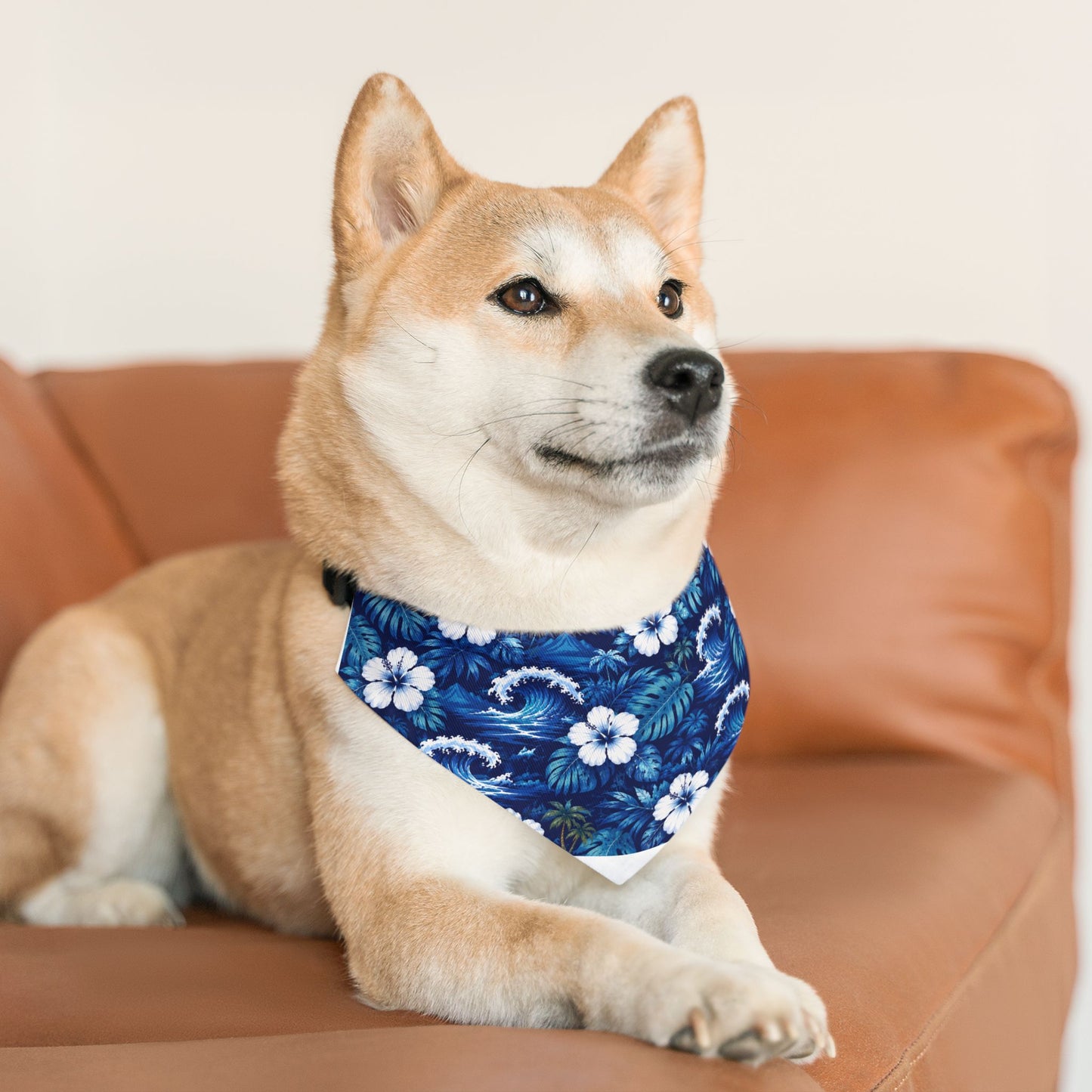 Hawaiian Floral Pet Bandana Collar — Blue Tropical Hibiscus Dog Bandana