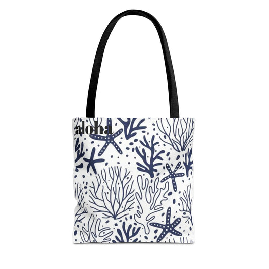 Navy Seashell & Starfish Tote Bag — Nautical Beach Pattern AOP Tote