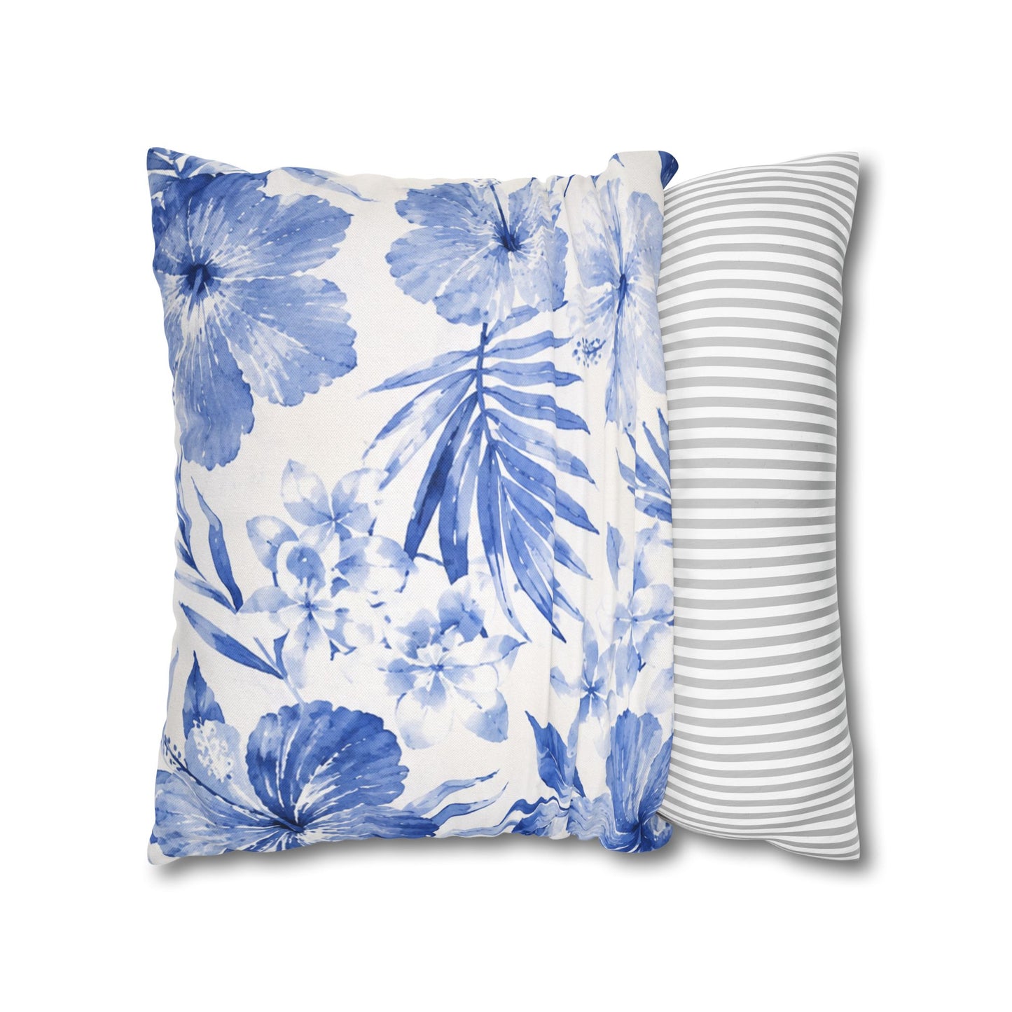 Blue Watercolor Hibiscus Pillowcase | Square Throw Pillow Cover
