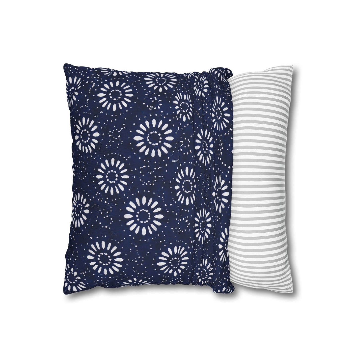 Navy Shibori Floral Square Pillowcase — Boho Coastal Decorative Cushion Cover